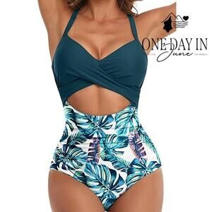 Eomenie Cross Front Cut Out Tie Back One Piece Swimsuit Size L